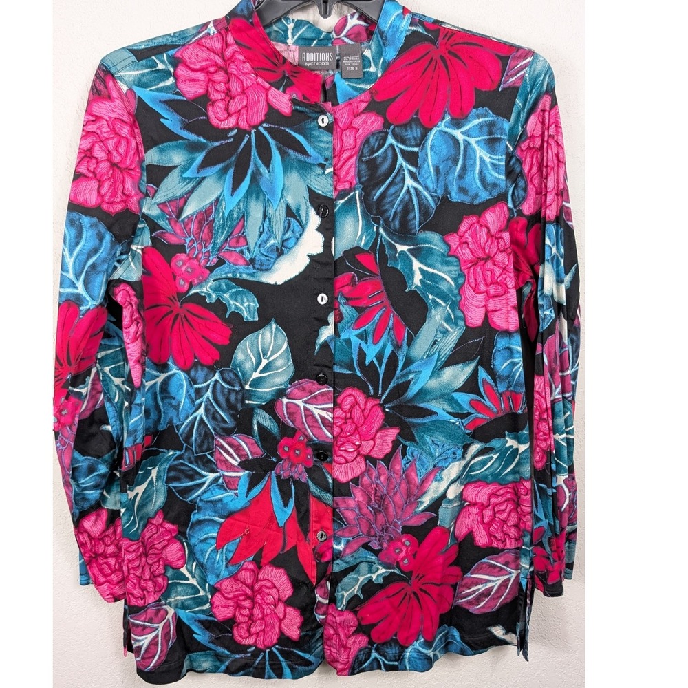 Additions by‎ Chico's Floral Button Down Shirt Pink Green Tropical Size 3 XL